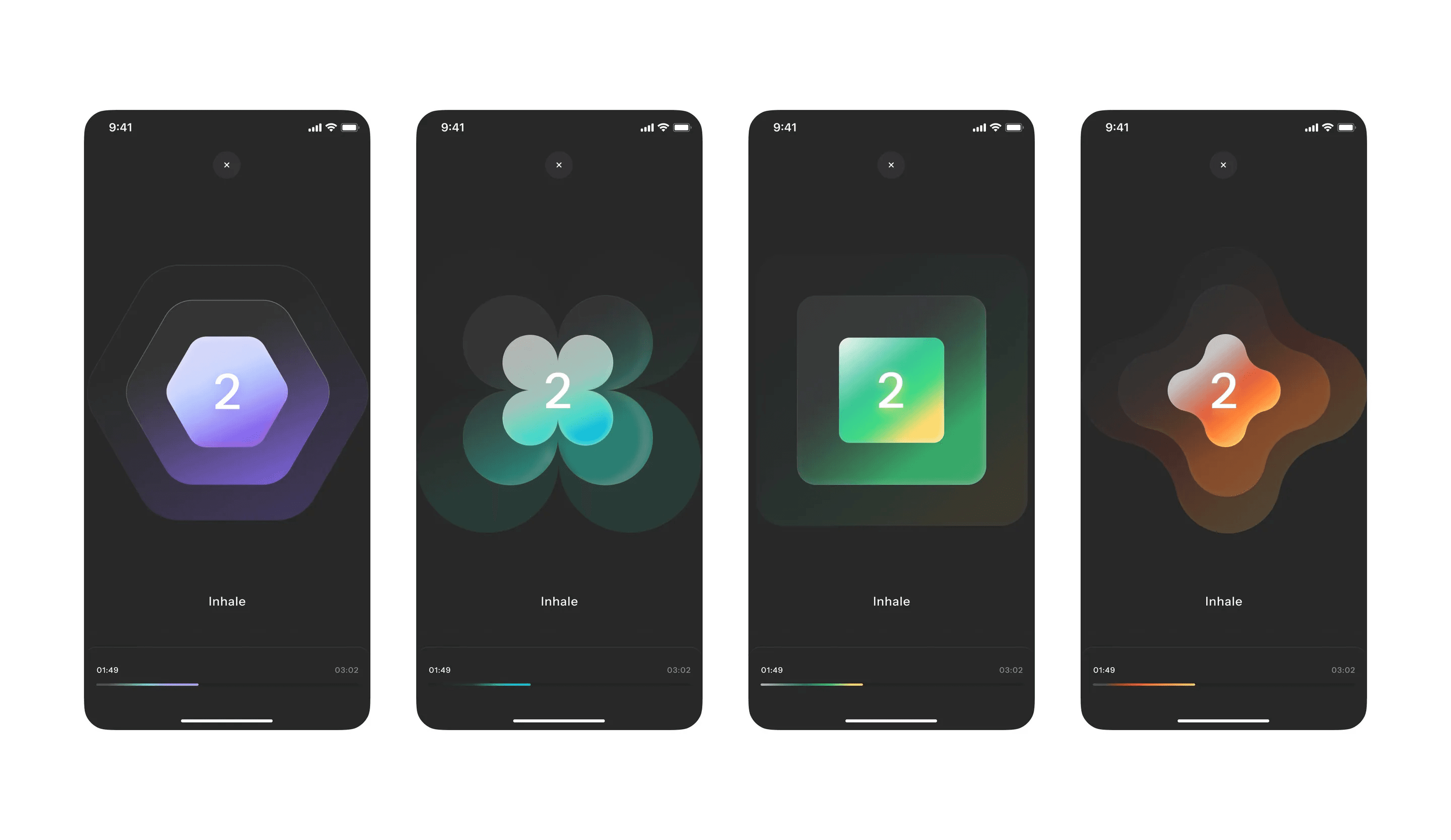 Mindset timers in four colour themes, each counting down an inhale