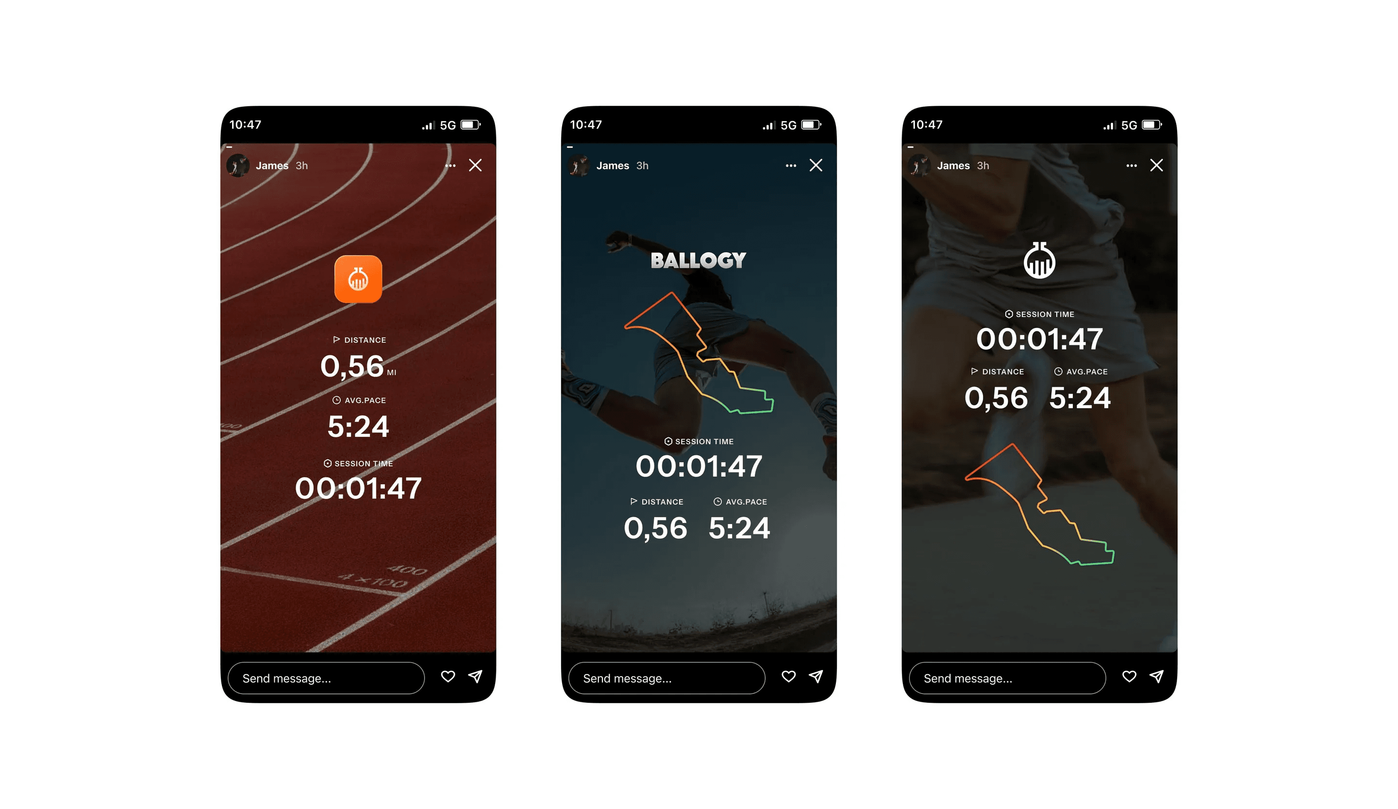 Run session stories: shareable cards with distance, pace and time over the route